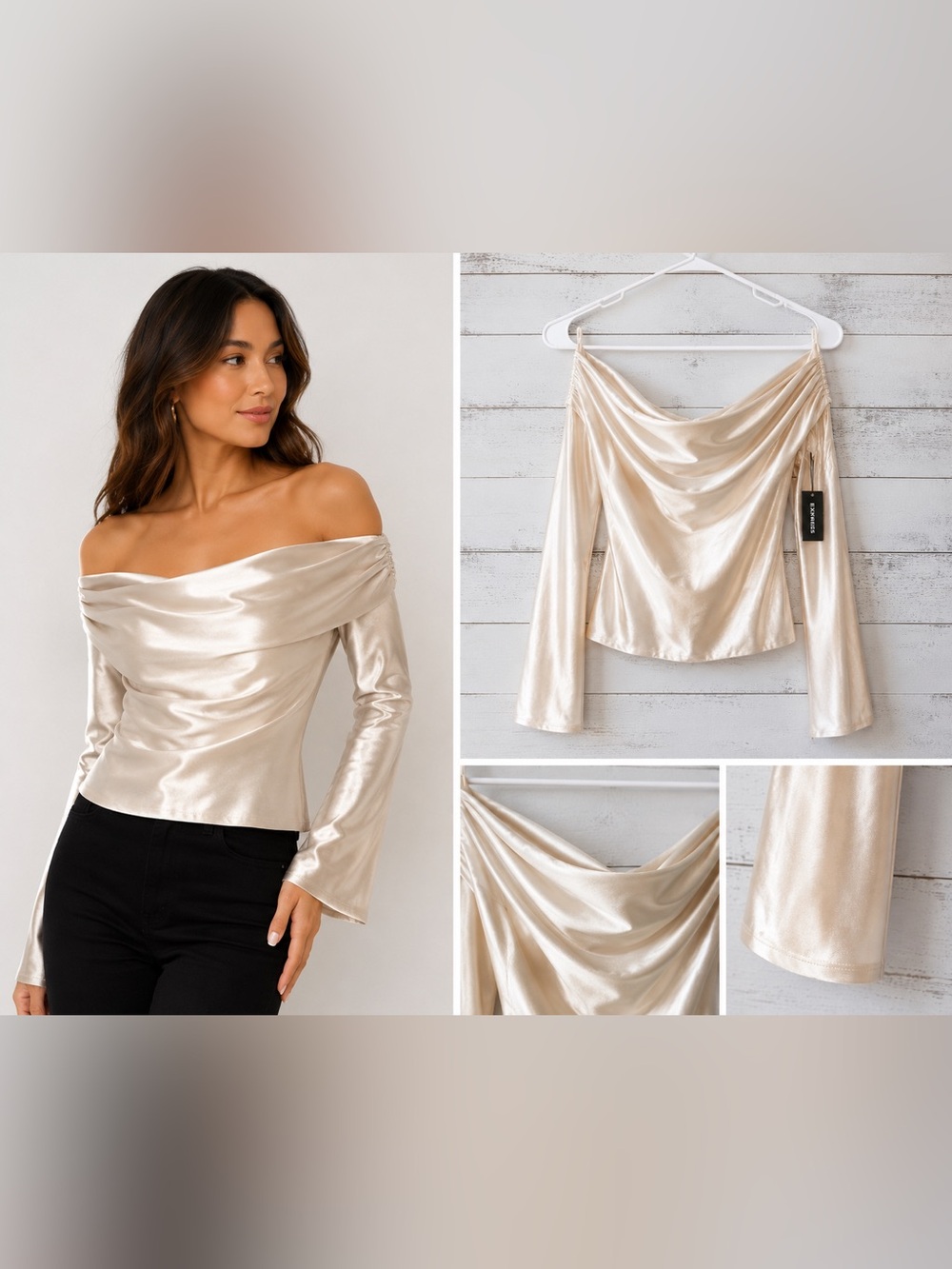NWT Express Satin Off-Shoulder Cowl Neck Top | Champagne Ivory | Size Small